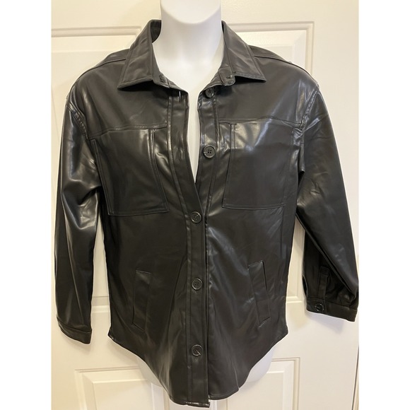 Stoosh Jackets & Blazers - Stoosh Jacket Shirt Long Women's Large Black Faux Leather Button Up Shacket